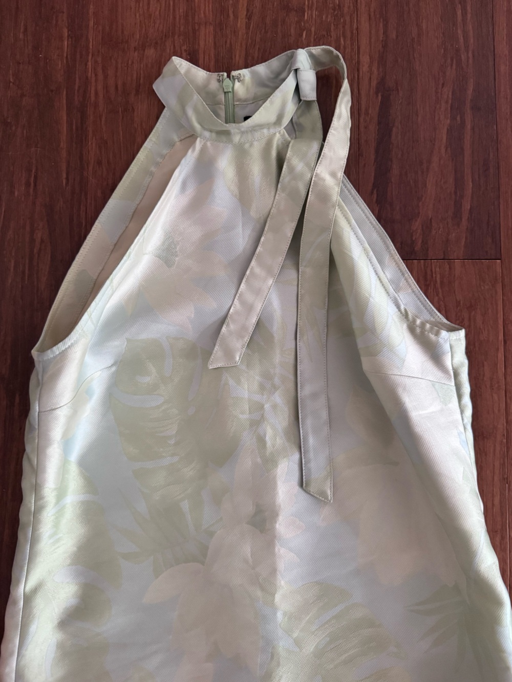 Vintage Floral Jacquard Silk Halter Tie Bow Shift Cocktail Mini Dress Leaf Green - Picture 6 of 10